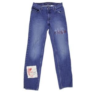 DKNY jeans Y2K asian koi patch painted artsy straight leg boot cut sz 3